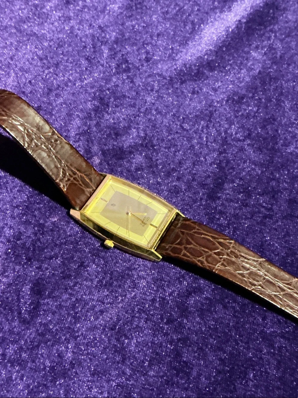 Gold-Tone Square Dress Watch with Brown Leather Strap